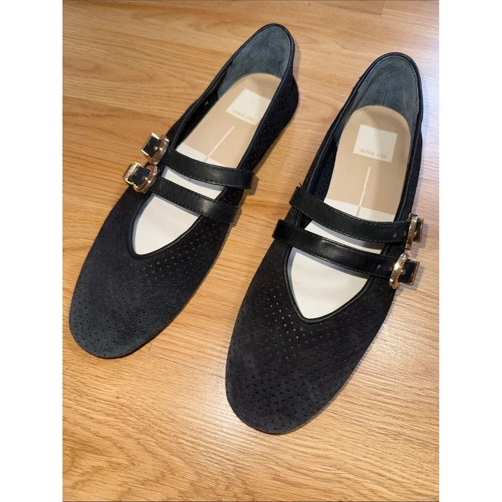 Dolce Vita Baylee Black Suede Perforated Ballet Flats Gold Buckles Size 8